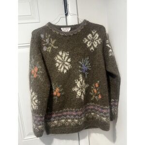 Vintage Talbots Hand Knit Mohair Blend Floral Snowflake Gray Sweater Women's L
